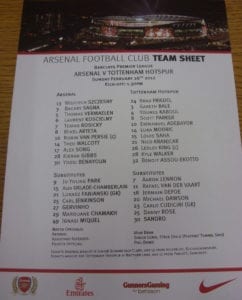 Team Sheet Arsenal v Spurs 2012