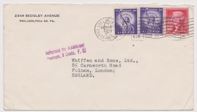 USA 1956 Returned For Additional Postage