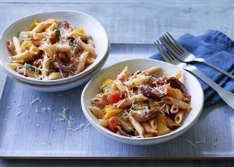 Penne with roasted vegetable and tomato sauce