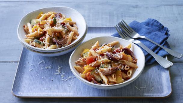 Penne with roasted vegetable and tomato sauce