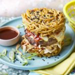 Ramen burgers with gochujang sauce and kimchi slaw