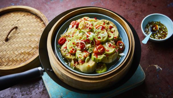 Steamed aubergine and courgette with chilli dressing