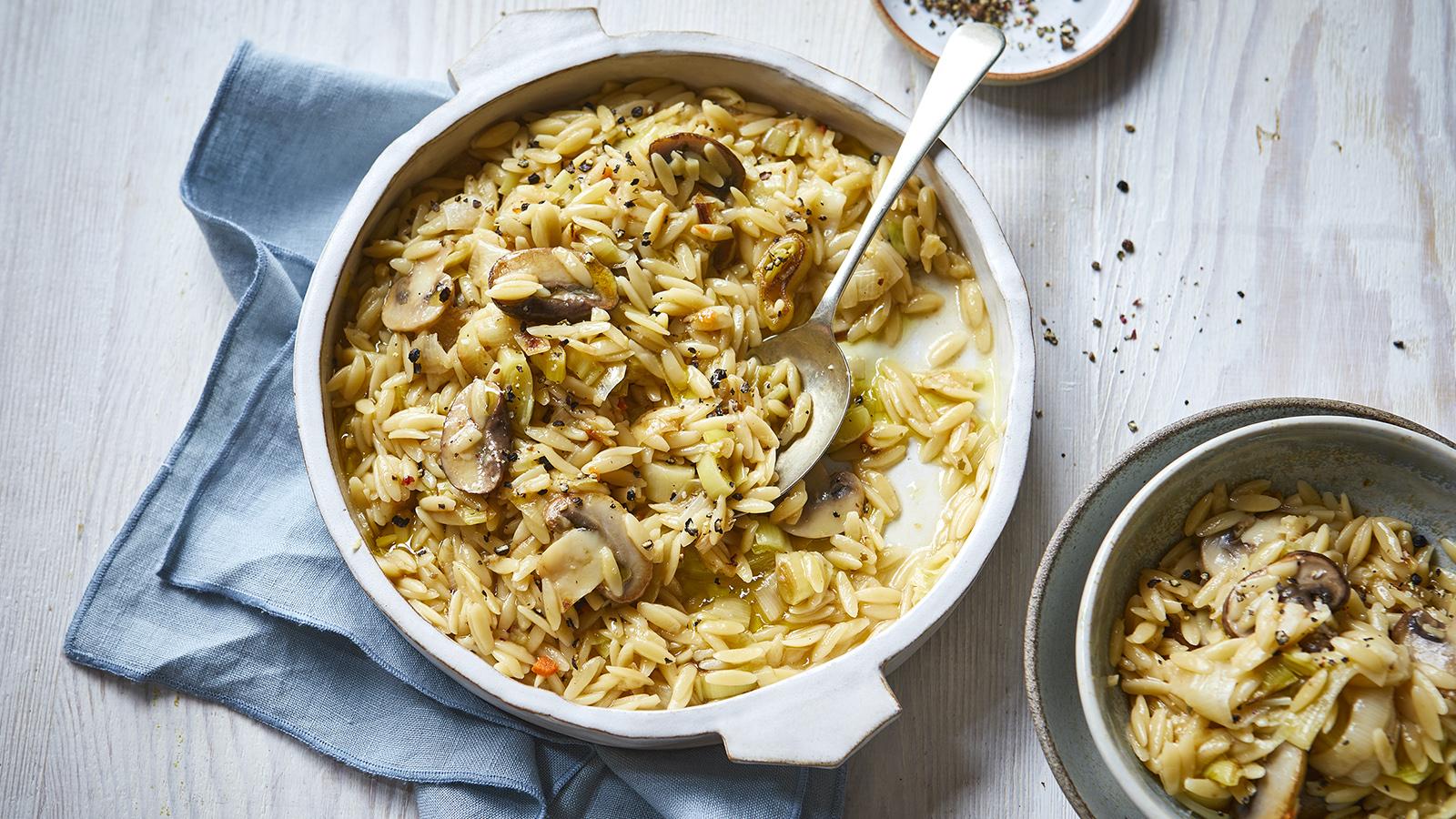 One-pan mushroom and leek orzo