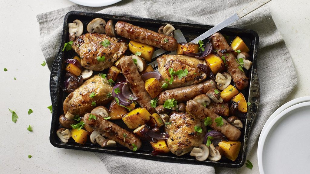 Sausage, chicken and squash traybake