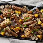 Sausage, chicken and squash traybake