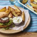 Easy bean burgers with potato wedges