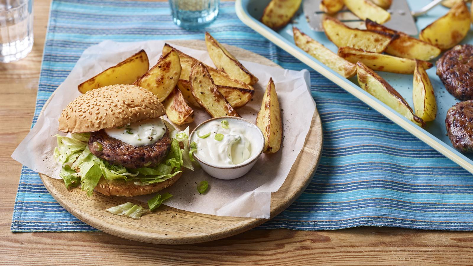 Easy bean burgers with potato wedges