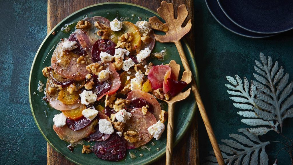 Beetroot carpaccio with goats’ cheese and walnuts