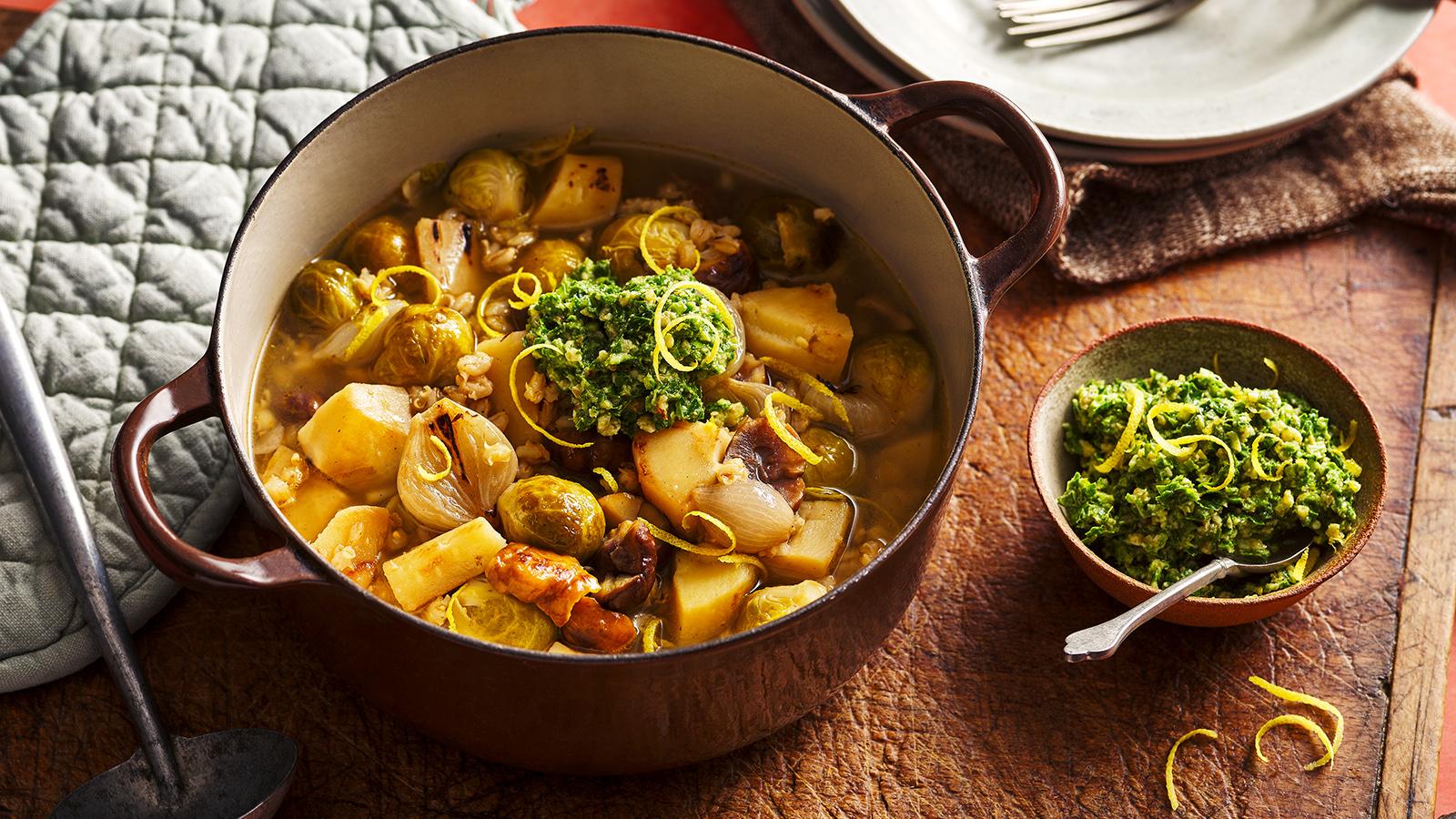 Parsnip, sprout and chestnut hotpot with cider and sprout top pesto
