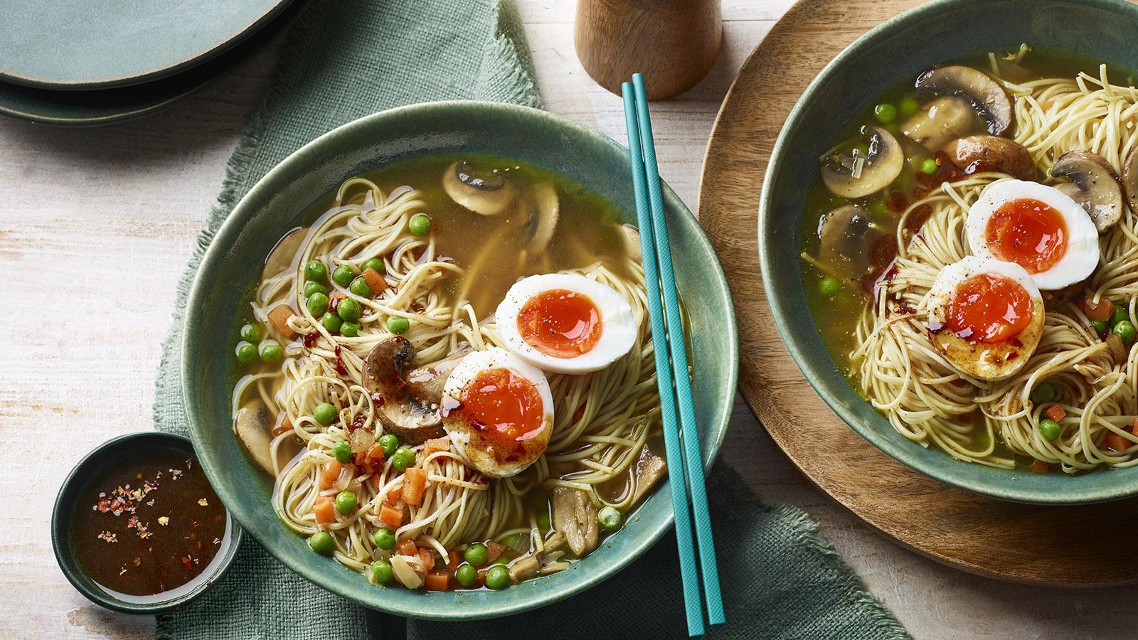 Mushroom, pea and carrot ramen with quick chilli oil