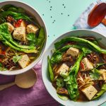 Mushroom noodle soup with smoked tofu