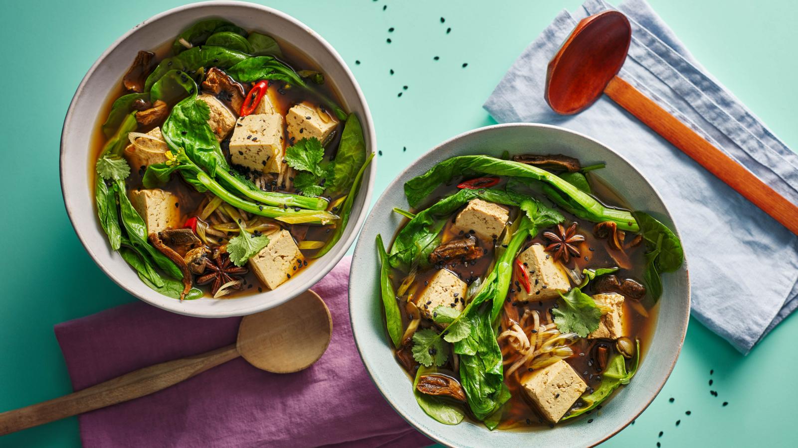 Mushroom noodle soup with smoked tofu