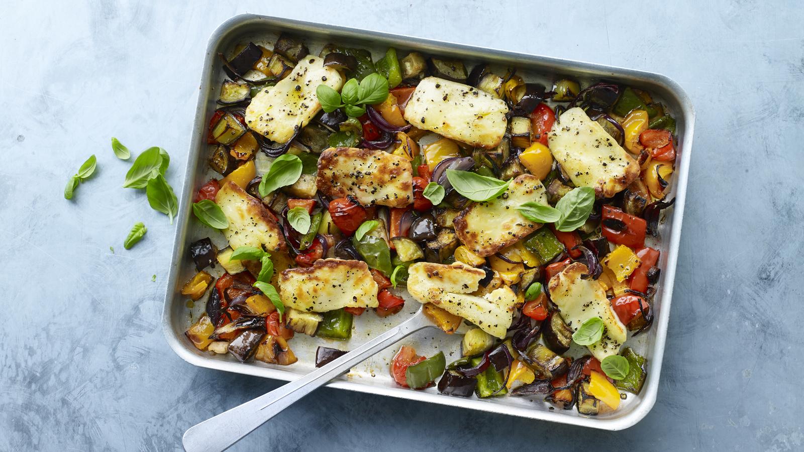 One pan halloumi veggie traybake