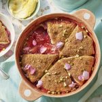 Rhubarb rose strawberry bake with scone topping