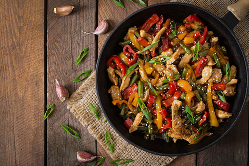 Black pepper chicken and vegetable stir-fry