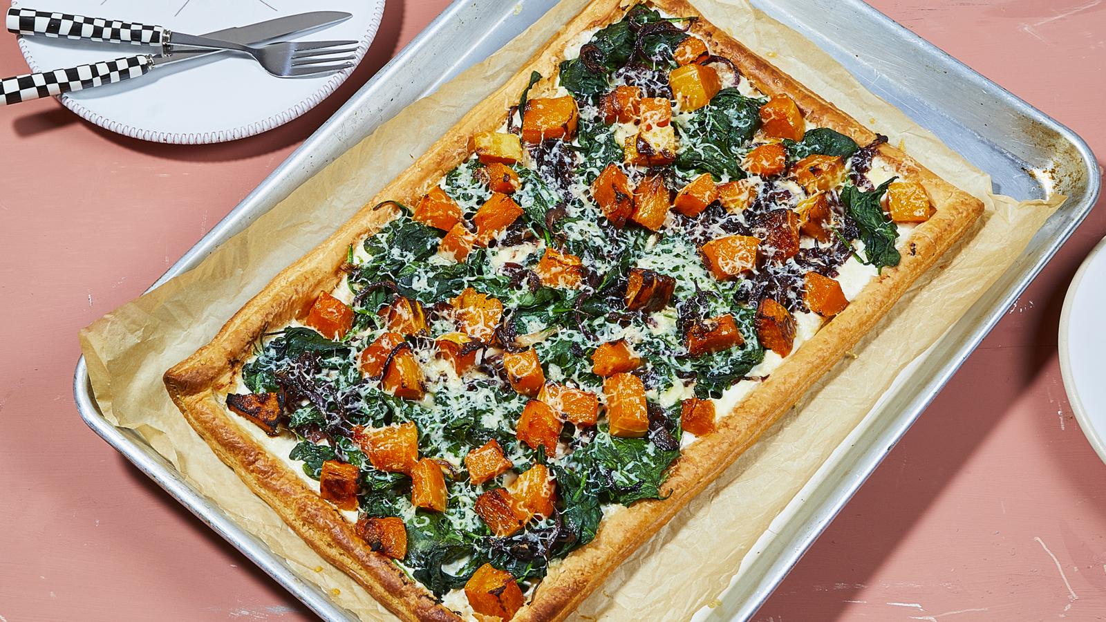 Squash, onion and spinach tart