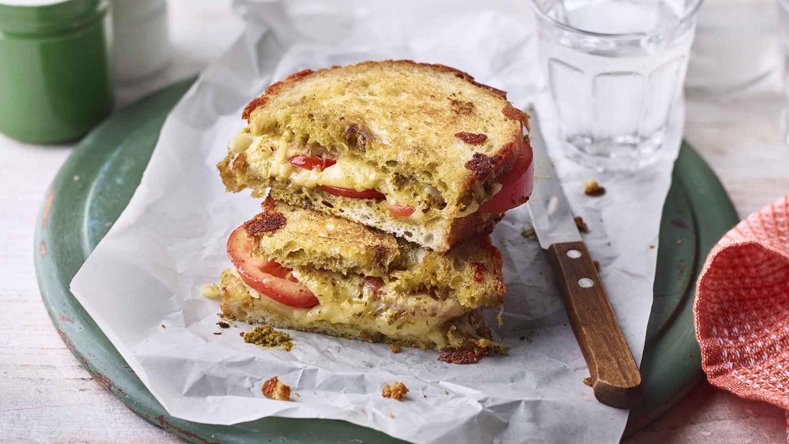 Cheese, tomato and pesto toastie