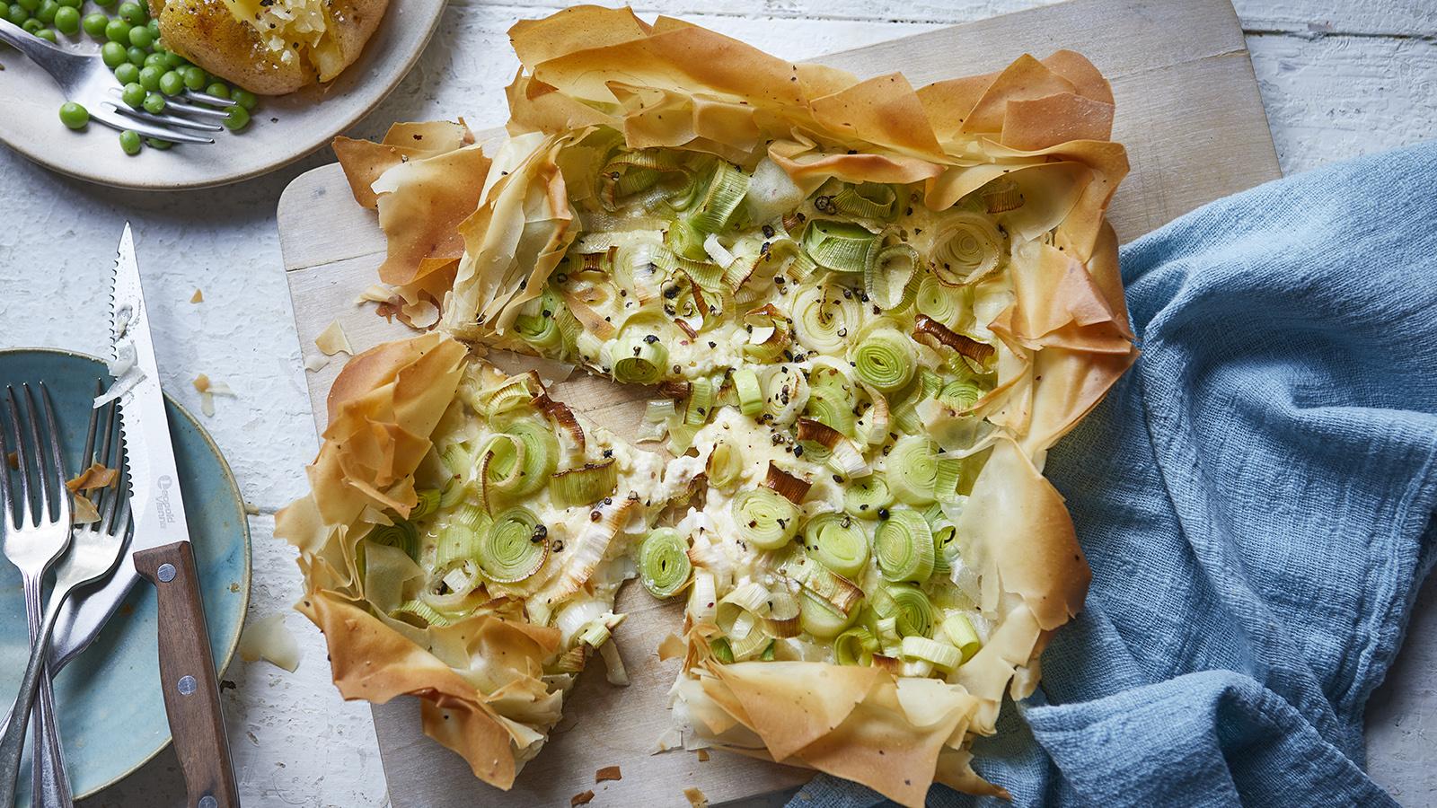 Leek and cheese filo tart