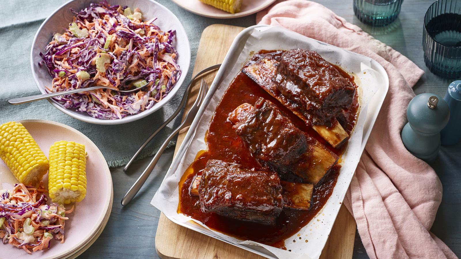 Sticky short beef ribs and lemon coleslaw