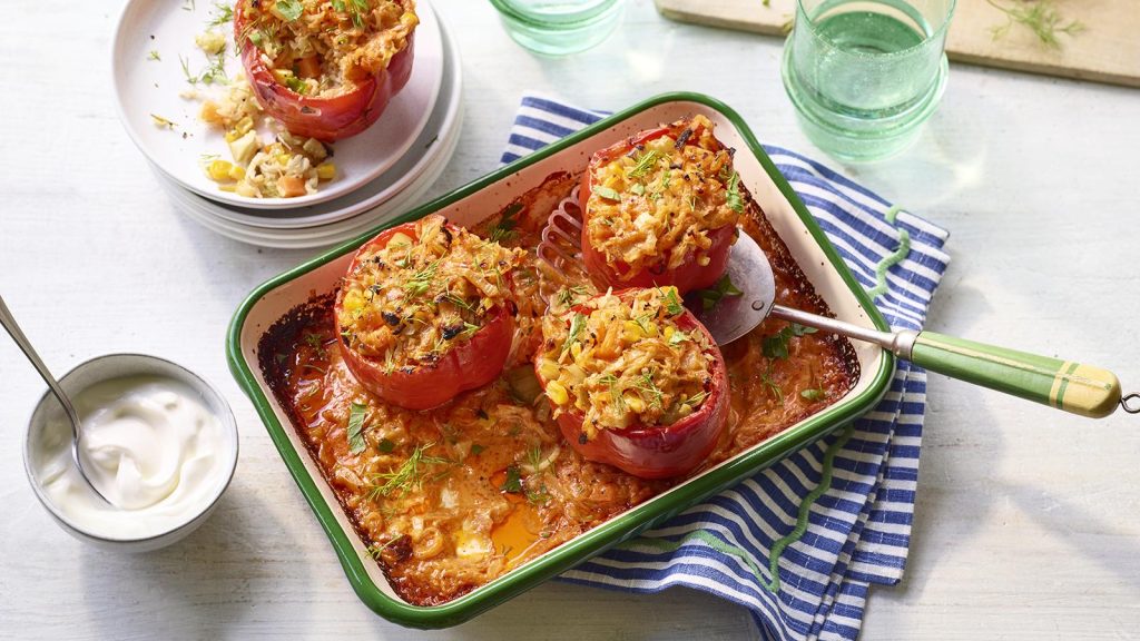 Stuffed peppers in a creamy tomato sauce