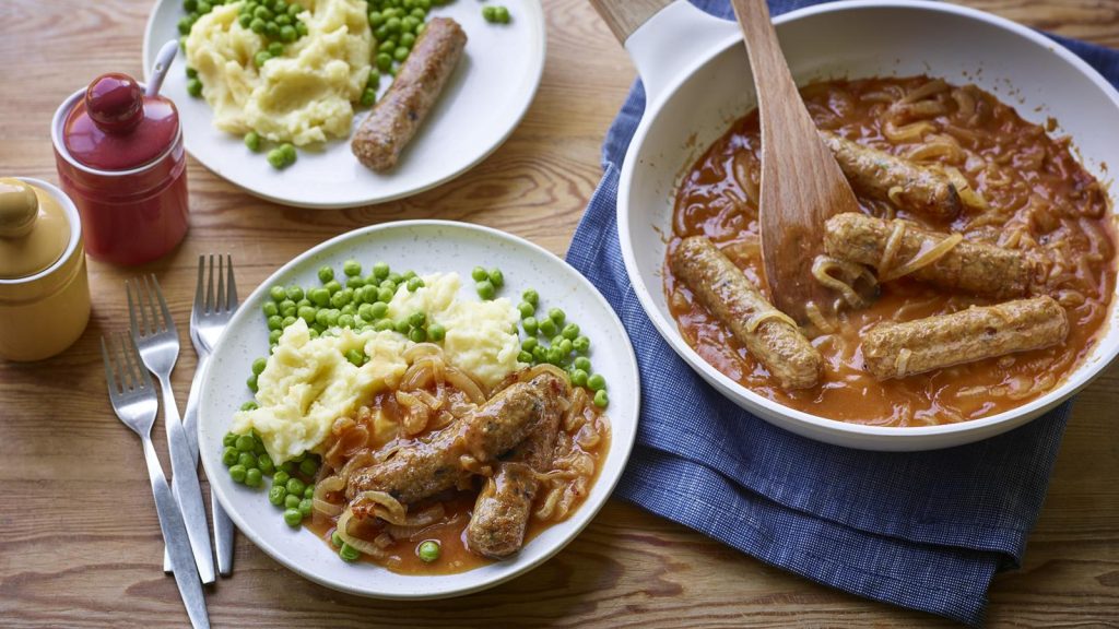 Veggie sausage and mash with onion gravy