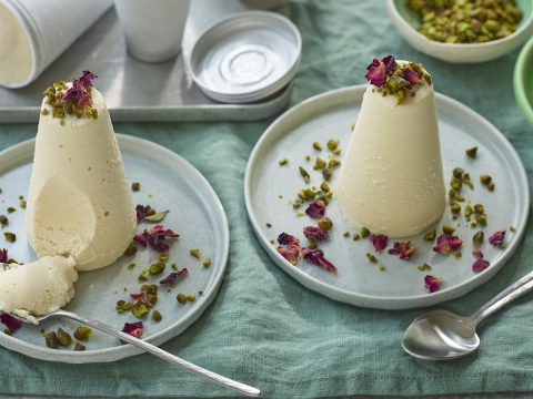 Rhubarb, rosewater and cardamom kulfi