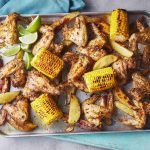 Piri-piri chicken wing, wedges and corn traybake