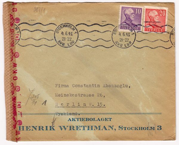 Sweden 1943 WWII censored Cover